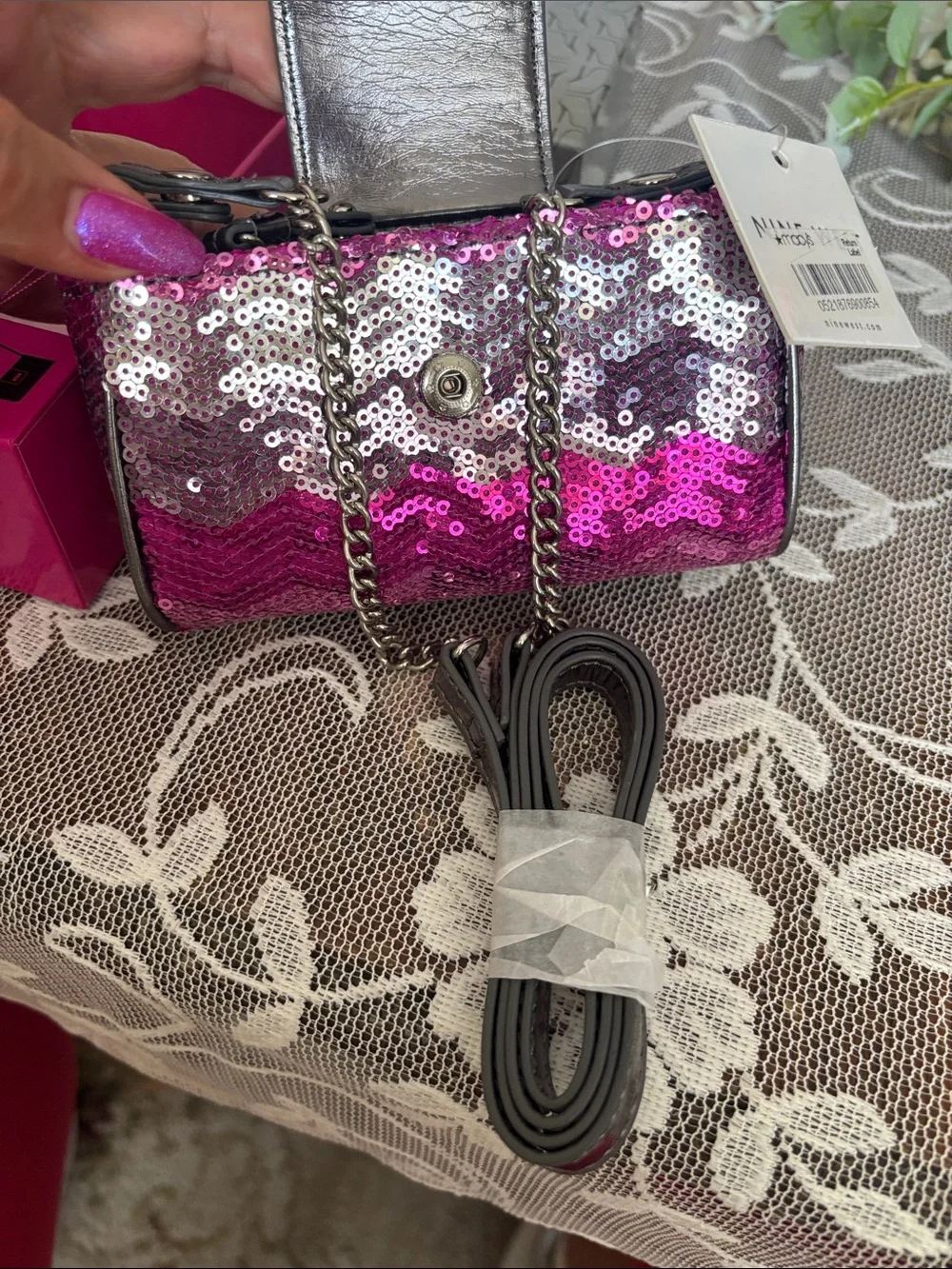 NIB Nine West Pink and Silver Sequin Phone Clutch with Logo Plate. Original box